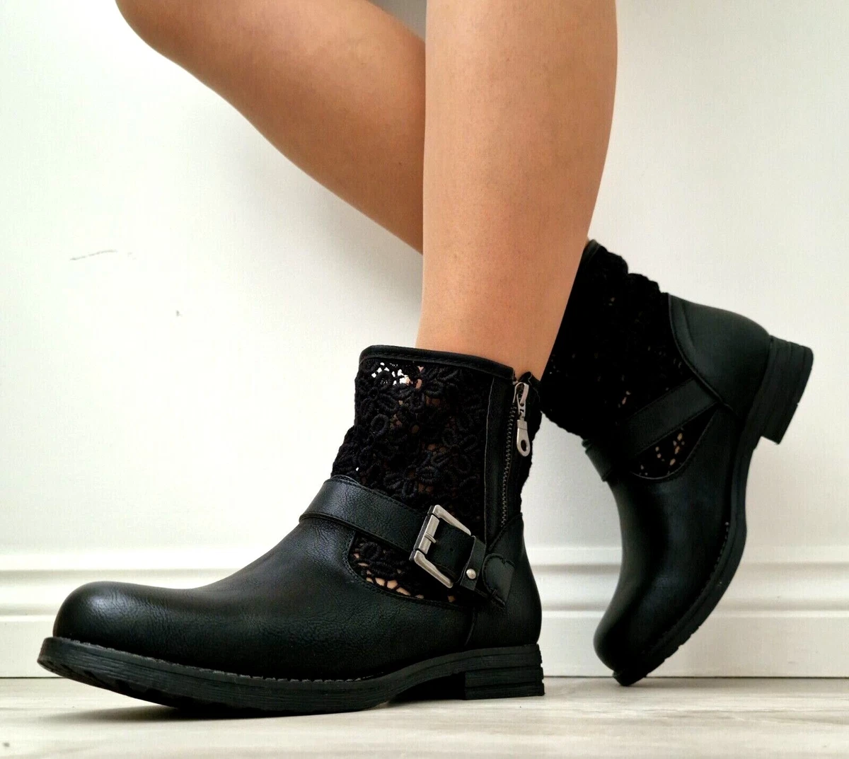 Flat black ankle boots hotsell with buckles