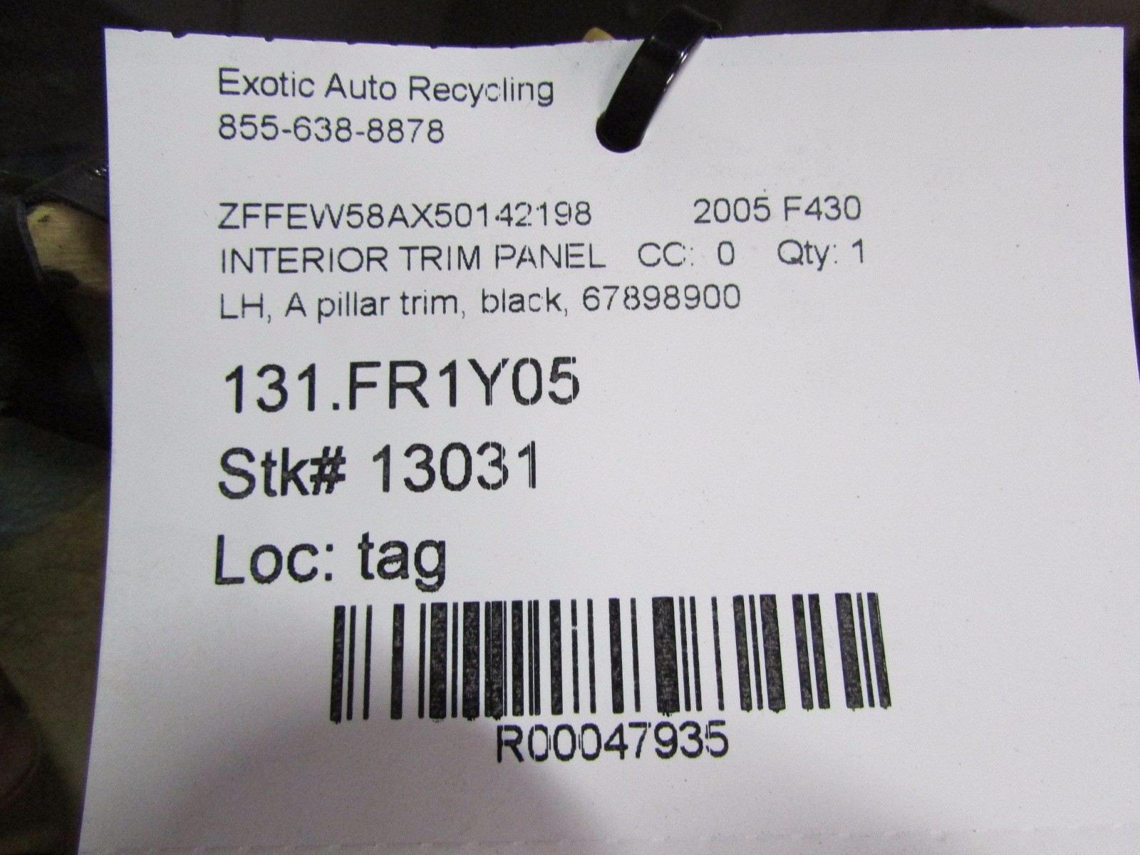 Ferrari F430, LH, Left, A-Pillar Trim Panel, Coupe, Black Used P/N 67898900