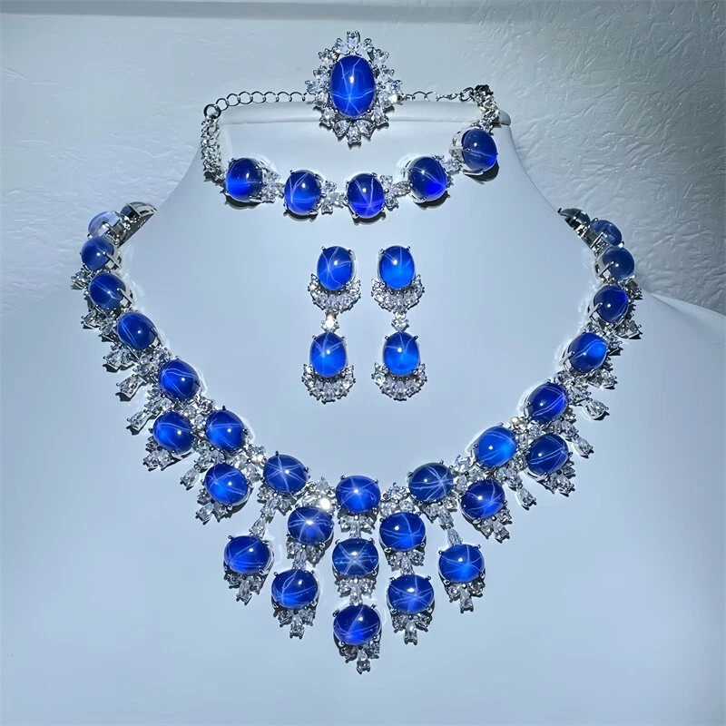 AAA+ Conjunto de Joyas de Zafiro Estrella Azul, Creado en Laboratorio Pulsera Pendientes Collar Anillo Foto 2 de 4