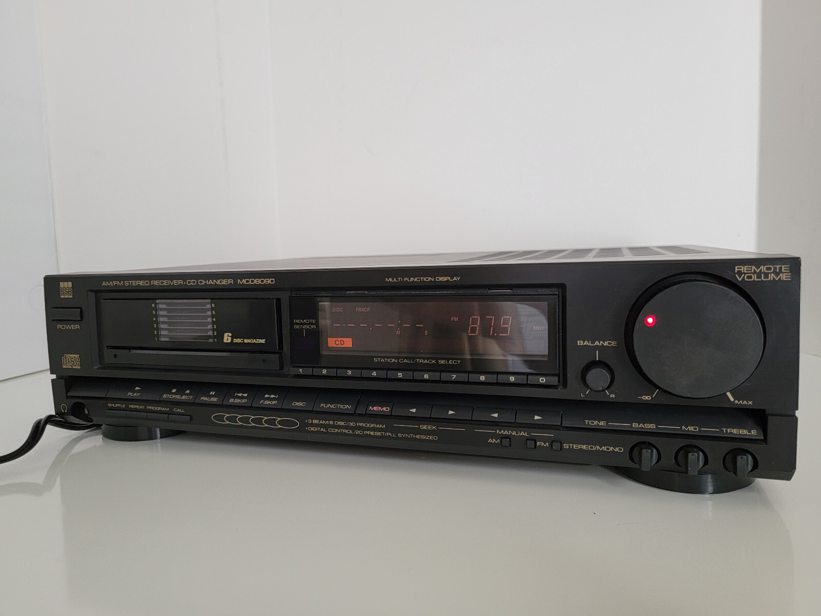 6 CD CHANGER W/REMOTE, BSR MCD-8090 AM/FM RECEIVER, 2 MAGAZINES, MANUAL