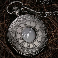Mens Analog Quartz Pocket Watch Chain Black Case Pendant Necklace Modern Gift