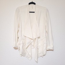 Free People Sz S Open Front Linen Blend Jacket Femme Ivory Raw Edge Pockets Boho
