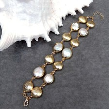 2 Rows Freshwater Cultured White Coin Pearl Brushed Bead Bracelet Women Jewelry