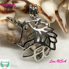 Mystical Unicorn - Silver Plated - Locket Pearl Cage Pendant - Hold 6mm - 8mm