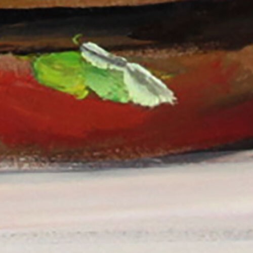 Arte de bodegón de hamburguesas firmado por Natalie Demenko pintura al óleo UCRANIA 8x8 - Imagen 7 de 12