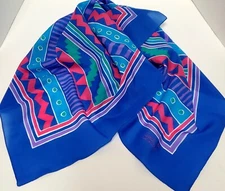 VTG Scarf Sarah Coventry Signed Silk Graphic 80's Print Teal/Purple/Pnk/Aqua 28"