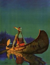 1932 Edward Eggleston Indian Maiden Canoe Pin-Up Print Starlight Brown & Bigelow