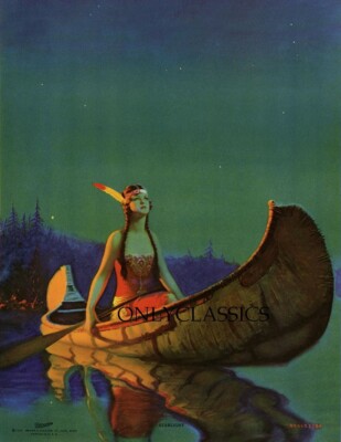 1932 Edward Eggleston Indian Maiden Canoe Pin-Up Print Starlight Brown & Bigelow