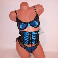 Escante Lingerie Set Bra Panty Waist Cincher Large Royal Blue Black Lace Thong