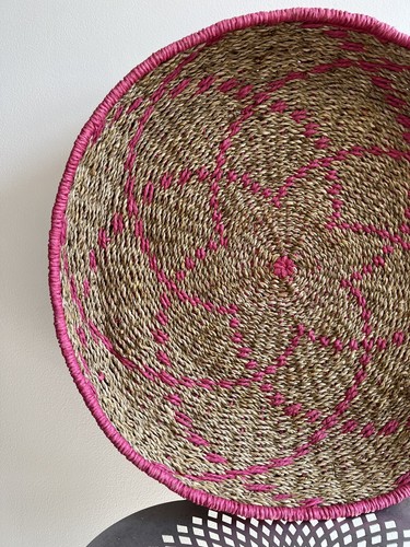 Woven Rattan Decorative Bowl Basket Pink Room Home Decor Display 18" Wide - Picture 2 of 12