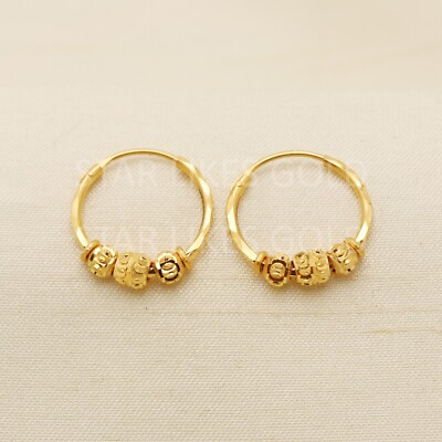 22K round dangling Gold hoop Earrings 22K Real Gold Earrings Bali