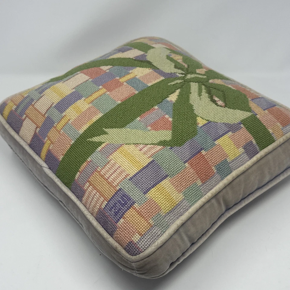VTG Needlepoint Pillow Cushion Square Christmas Gift 12x12” Bow Coquette Pastel - Image 3 of 4