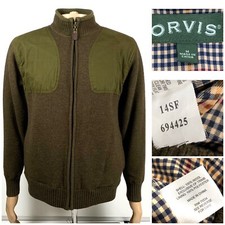 ORVIS Sweater Mens Medium Green Full Zip Shooting Jacket Bomber Hunt 100 Wool