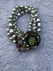 Miriam Haskell 50s Baroque Pearl & Rhinestone Bracelet, 3 strand Silver Tone