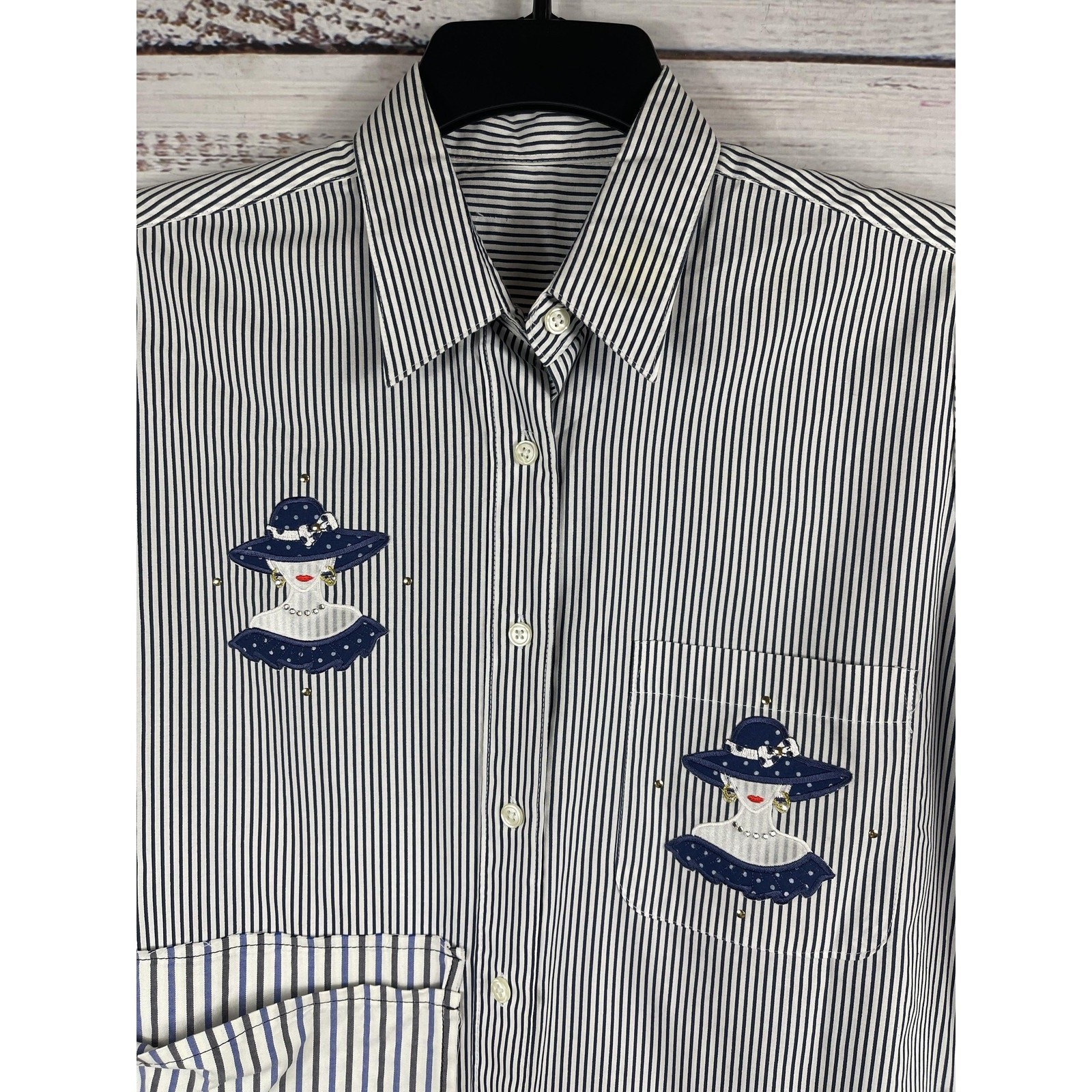 Patchwork Button Up Shirt Women's Large Striped P… - image 3