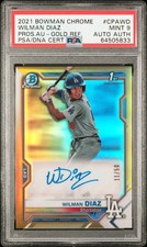2021 Bowman Chrome Prospect Autographs Wilman Diaz Gold Refractor 11/50 PSA 9