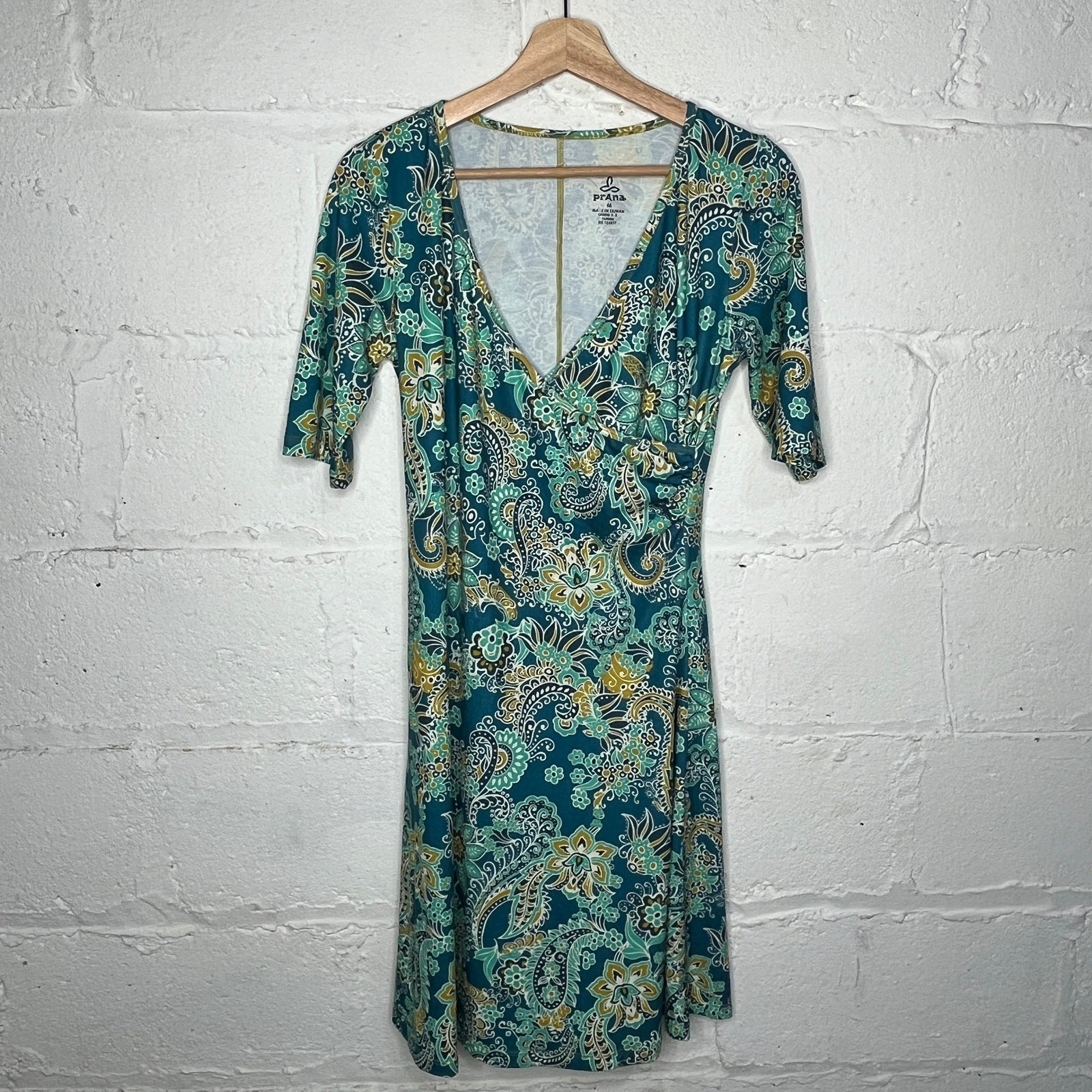 Prana Women's Teal Paisley Floral Wrap Surplice Short Sleeve Dress Size Medium