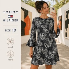 Tommy Hilfiger Shift Dress Womens 10 Black White Floral Art Bell Sleeve Mini Mod