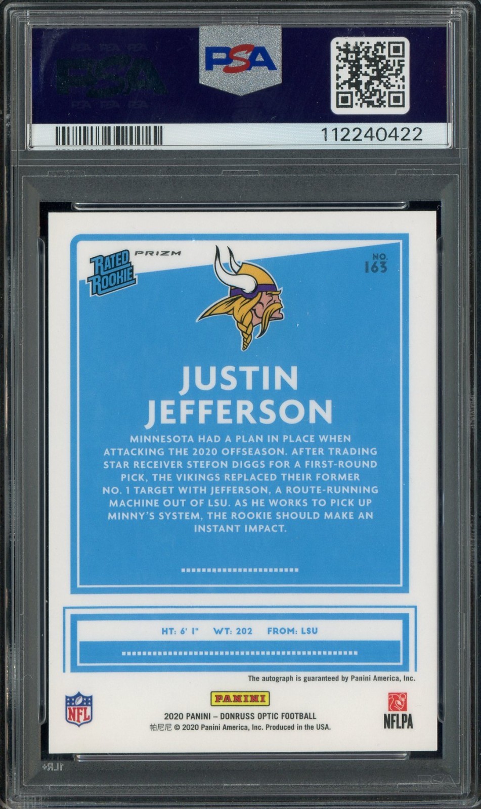 2020 Donruss Optic Justin Jefferson Bronze Rated Rookie Auto PSA 9 Auto 10 view 2