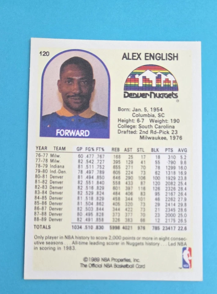 1989-90 Hoops #120 Alex English Denver Nuggets BASKETBALL Card 9E - Image 2 of 2