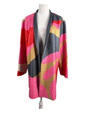 Chico's 2 L Reversible Crushed Crinkle Long Open Jacket Abstract Print Grey Pink