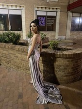 Silver Satin Strapless Gown with Beaded Sequin Accents and Side Slit