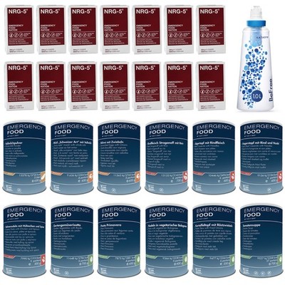 Emergency Food Monatspaket mit Fleisch 12 Dosen 14x NRG-5 Wasserfilter Notvorrat