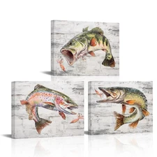 Marine Life Canvas Wall Art - 12x16 Inch Set of 3, Featuring Largemouth Bass,...