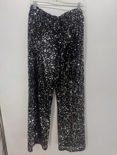 Serra Black Sequin Pants Womens M 8-10 Wide Leg Sparkle Party Holiday NYE Disco
