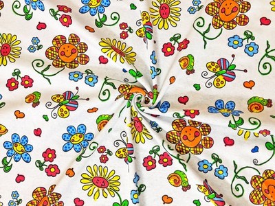 White Flowers Sunshine Garden 100% Cotton Knit Fabric 52''W Yard-CTPR12