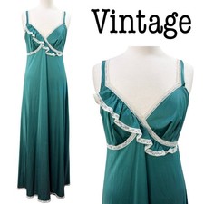 Shadowline Size M Babydoll Vintage Nightgown Teal Maxi Lace Nylon Slip Dress