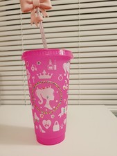 Barbie Pink Plastic Tumbler With Lid and Straw, Decorated, Kids Beauty Theme