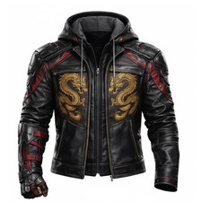 Men s Handmade Black Leather Dragon Bomber Ja...