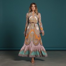Zimmermann Lola Paisley Dress Size 0/AU 8/US 4 Midi Linen Long Bell Sleeve