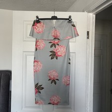 PLT Grey Floral Dress Bardot Bodycon Midi Size 10 BNWT Wedding Flower Summer VGC