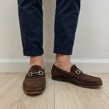 Salvatore Ferragamo Mens Loafers 11 D Brown Suede Gancini Bit Moc Toe Luxury