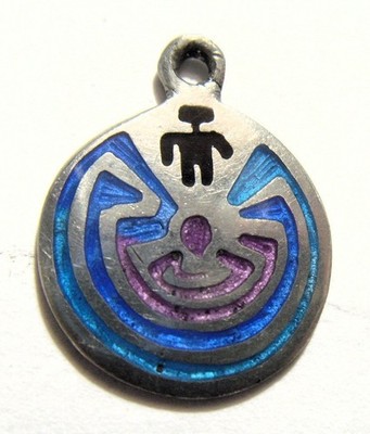 vintage silver tone metal enameled Hopi primitive human labyrinth pendant 55039