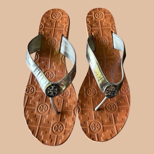 Tory Burch Thora Metallic Silber Riemen Leder Kork Keilabsatz Sandalen Größe 7,5 M