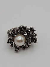 Vintage Modernist Brutalist Sterling Silver Pearl Ring Size 5.25