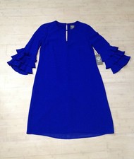 NWT Vince Camuto Womens Blue Ruffle Bell Sleeve Boho Chic Shift Dress Sz 2