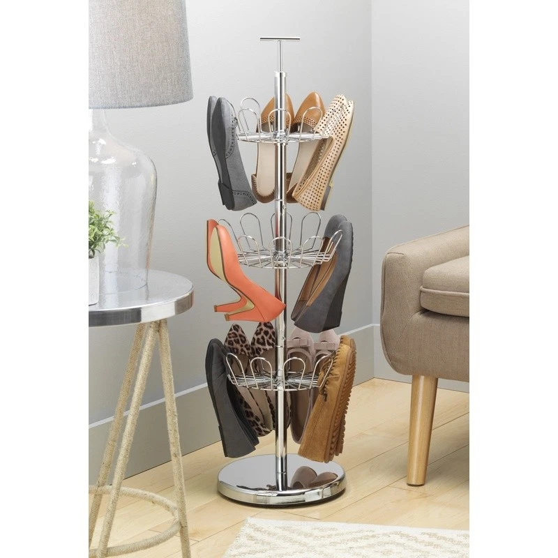 Revolving 3-Tier 18 Pair Shoe Storage Rack Chrome Organizer Indoor Shoe Spinner - Image 4 of 4