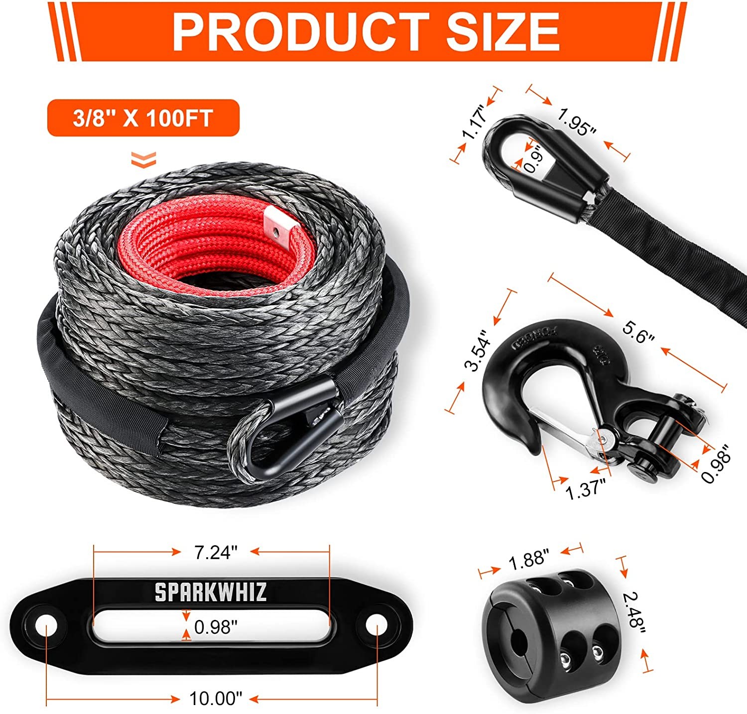 SPARKWHIZ Synthetic Winch Rope Cable Kit 26500LBS 3/8"x100FT Winch Line Cable