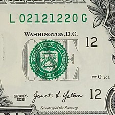 True Trinary Fancy Serial Number 1 Dollar Bill 0s 1s 2s Crisp L02121220G