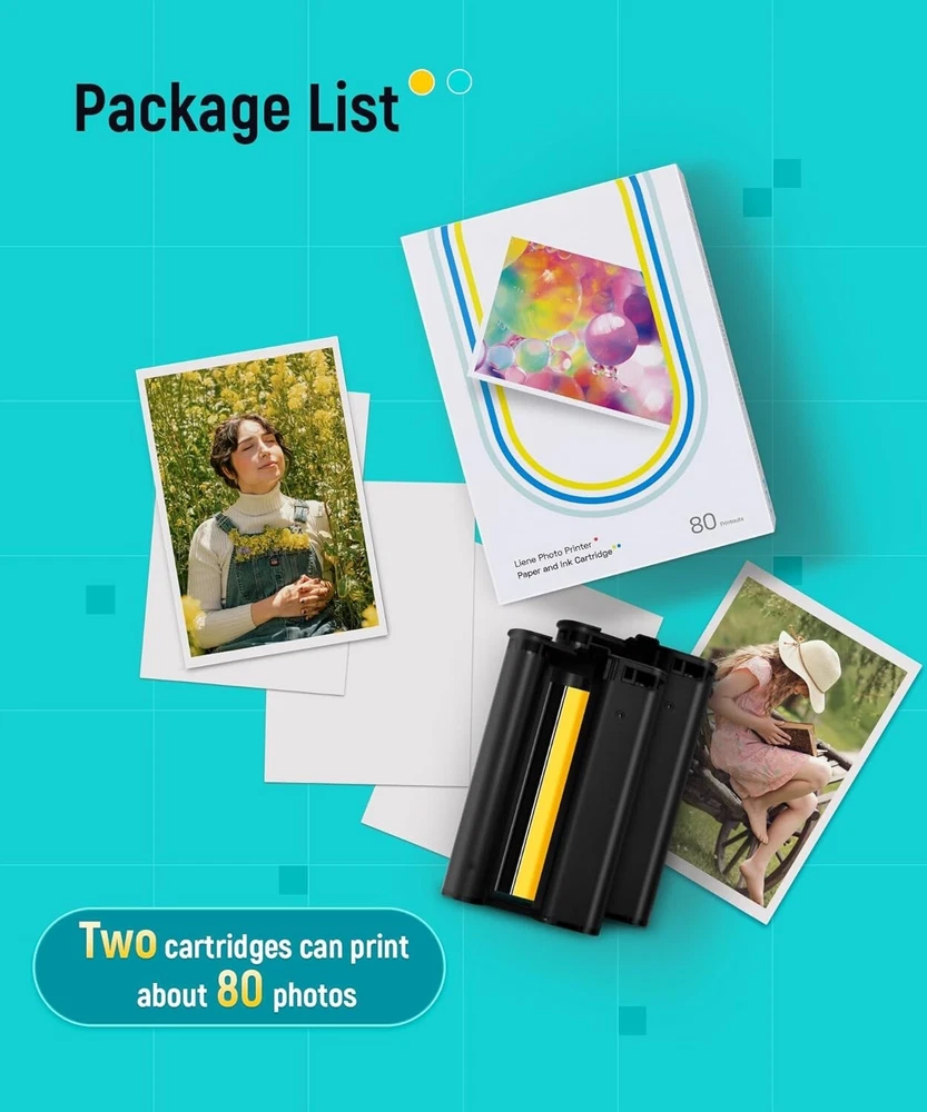 Photo Printer Paper & Cartridge, 2 Ink Cartridge Refill & 80 sheets photo pap...