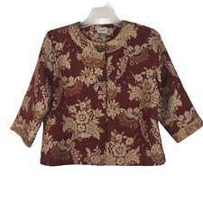 Chico's Tapestry Brocade Statement Jacket Maroon Gold Floral Collarless Size 2