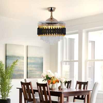 42'' Gold Luxury Invisible Ceiling Fan Crystal Chandelier Remote 3-Color 3-Speed
