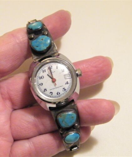 Vtg Navajo Signed "MP" TURQUOISE WATCH BAND TIPS Sterling Silver~Native American - Picture 1 of 10