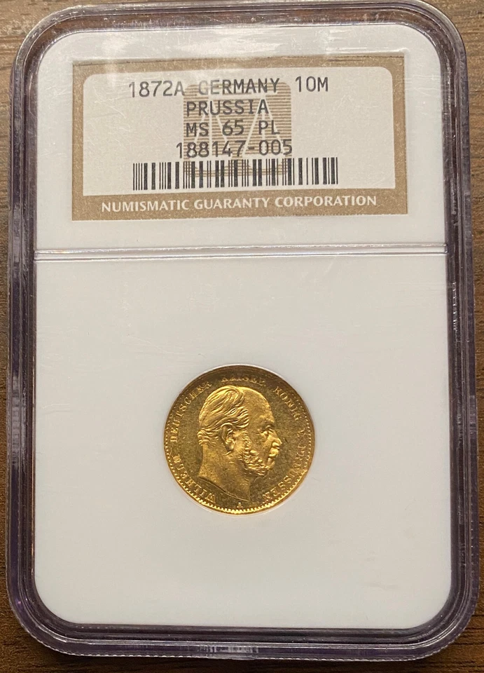 💎 1872 A Germany 10 (Ten) Mark Prussia Gold Coin NGC MS65 PL KM# 502 Proof Like - Image 2 of 3