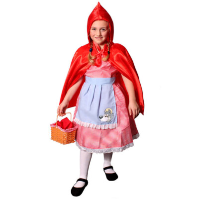 GIRLS LITTLE RED RIDING HOOD COSTUME BASKET FANCY DRESS CAPE