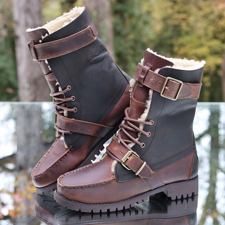 Ralph Lauren Zacha Shearling Leather Combat Boots Brown Roll Over